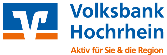 Volksbank Hochrhein Logo, blau-orange, Text: Aktiv für Sie & die Region.
