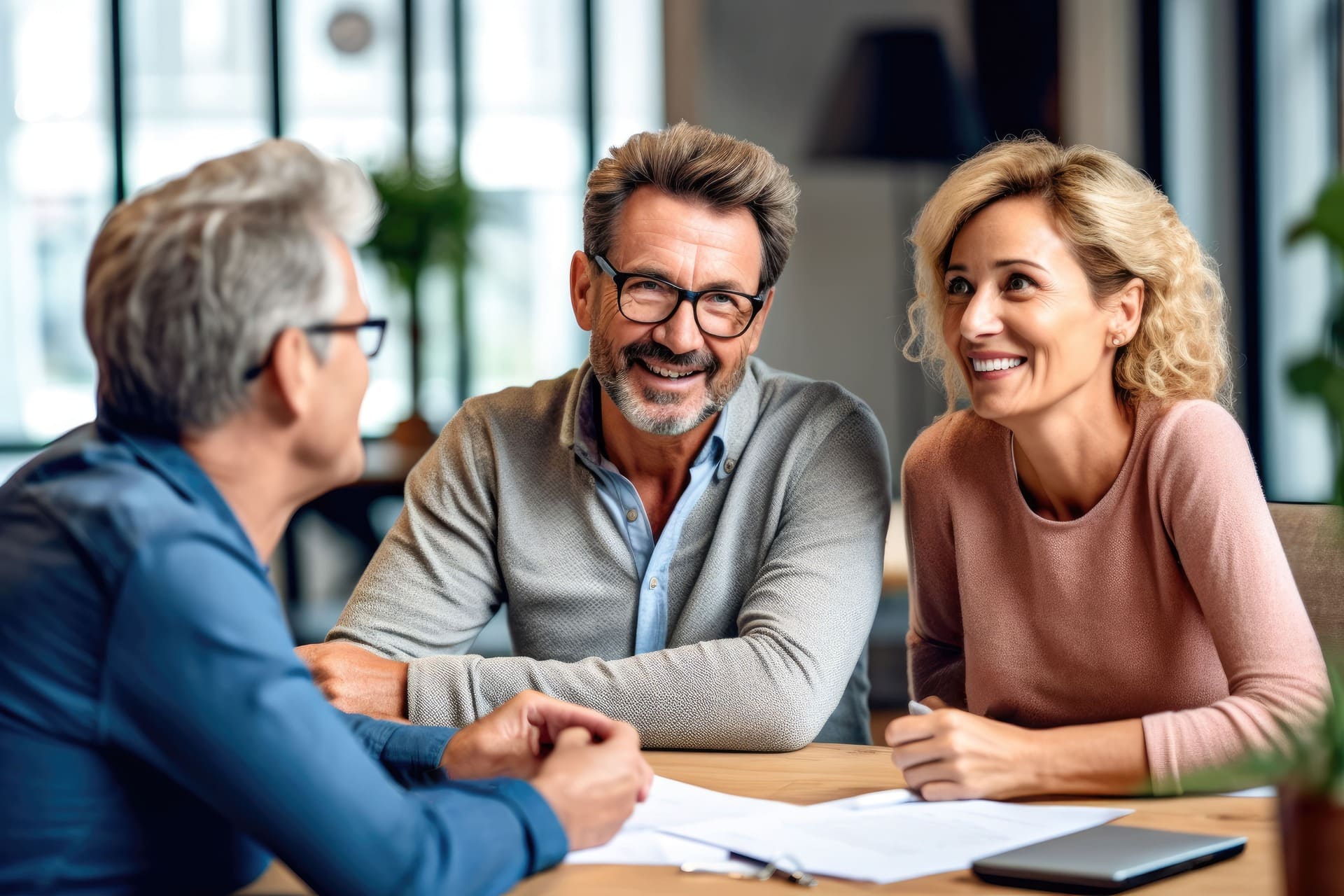 Mann und Frau sprechen freundlich mit Makler am Schreibtisch über den Immobilienverkauf