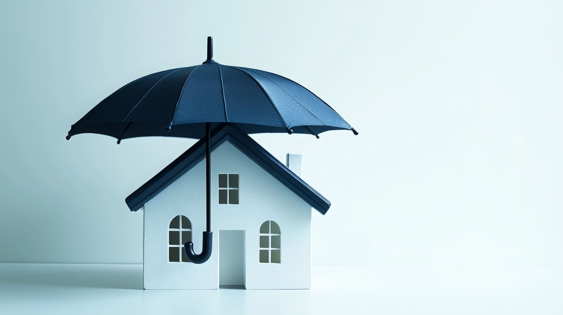 Modelhaus unter schwarzem Regenschirm, Symbol für Versicherungen für das Haus