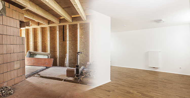 Vorher/Nachher-Vergleich einer Sanierung: eine Seite im Bau, eine Seite fertig.