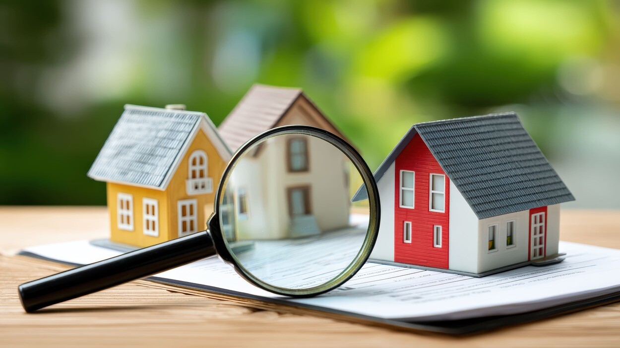 Miniatur-Häuser unter einer Lupe