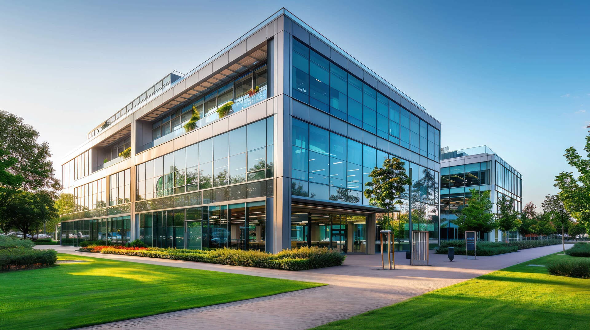Glasbüro mit Rasen und Bäumen an einem sonnigen Tag.