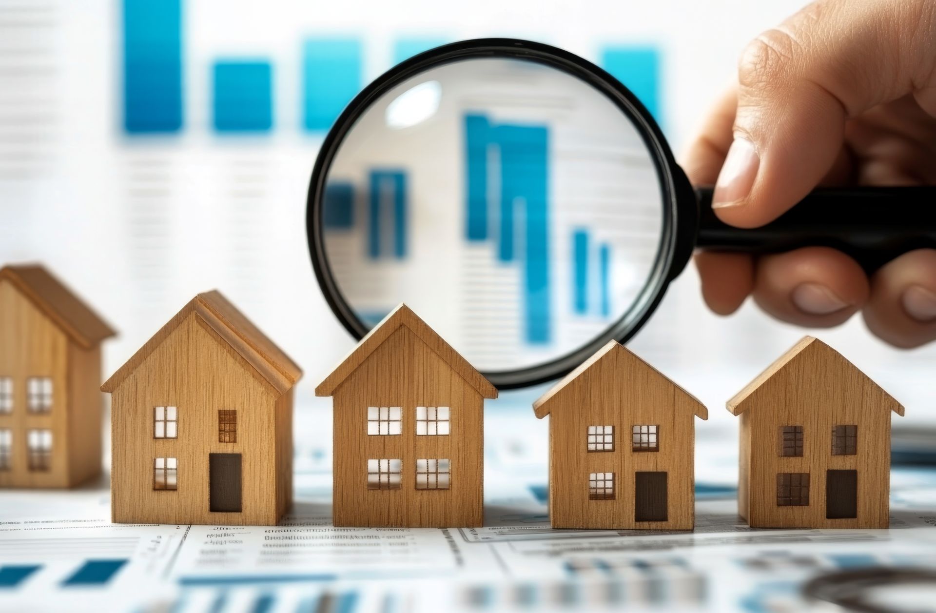 Lupe vor Modellhäusern