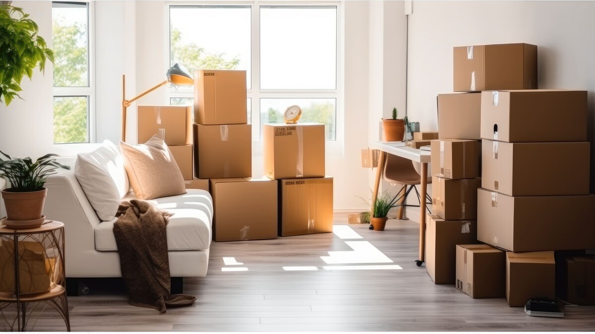 Wohnzimmer mit Umzugskartons