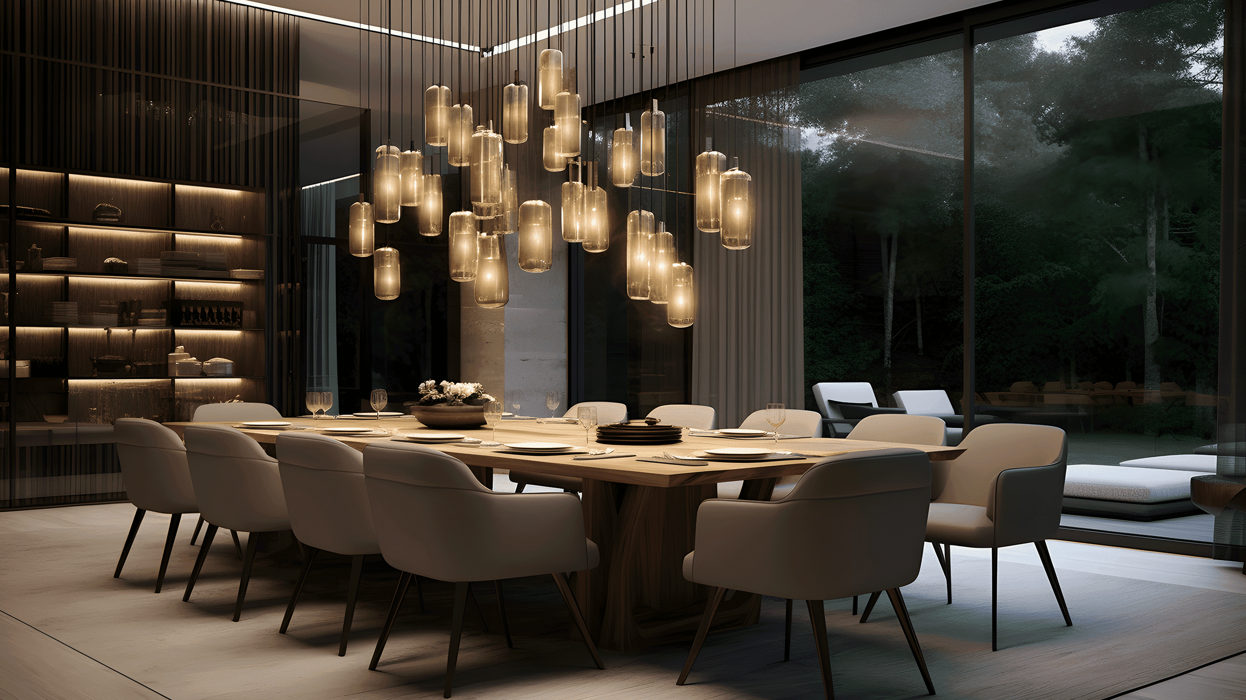 Ein Wohnzimmer mit großem Esstisch