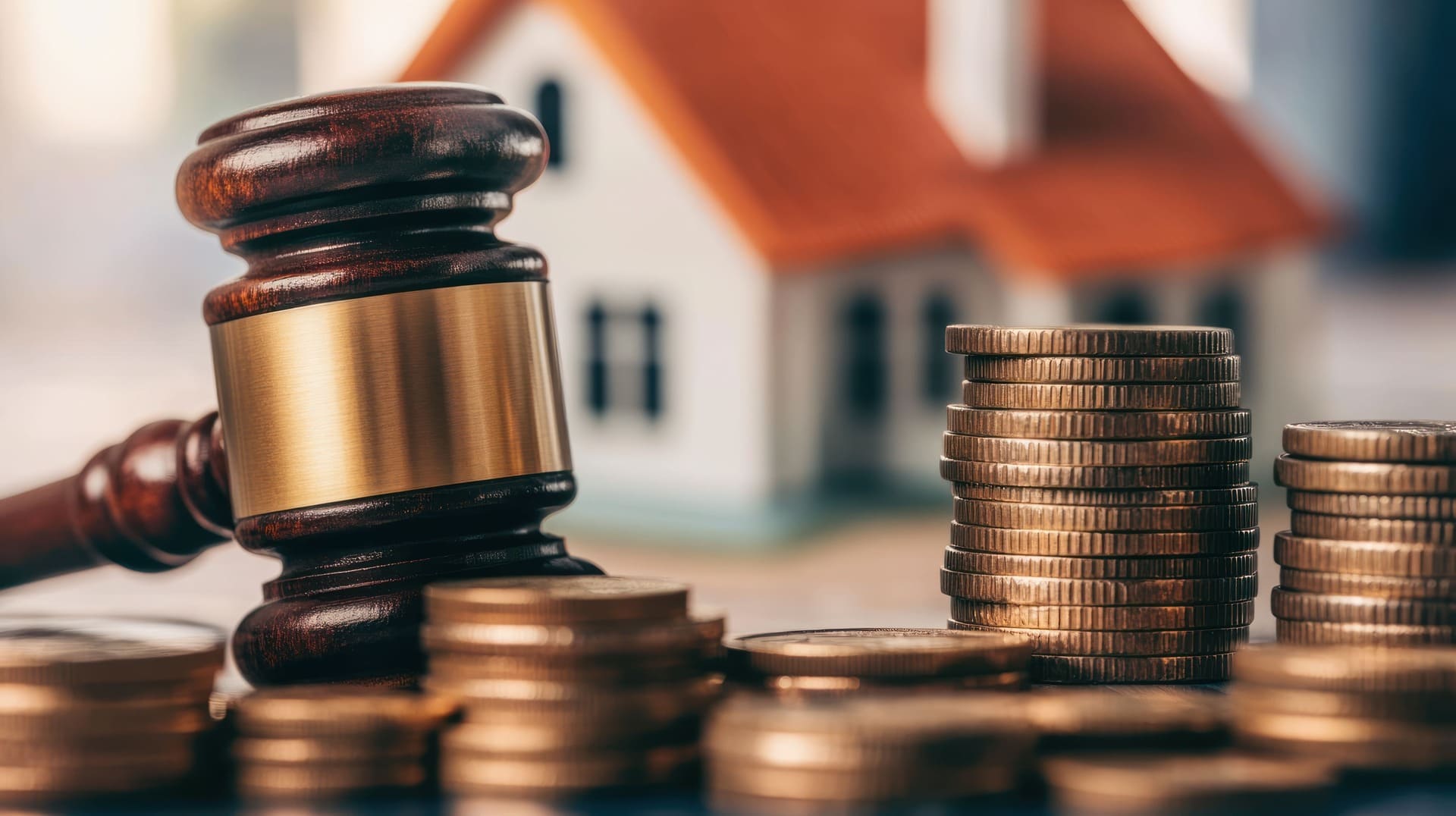 Ein Richterhammer mit Münzstapeln daneben und einem Modellhaus im Hintergrund