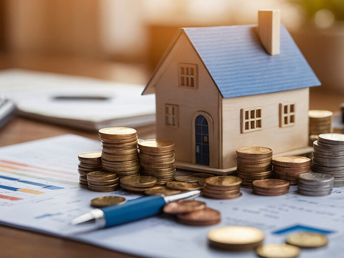 Hausmodell mit Geldmünzen