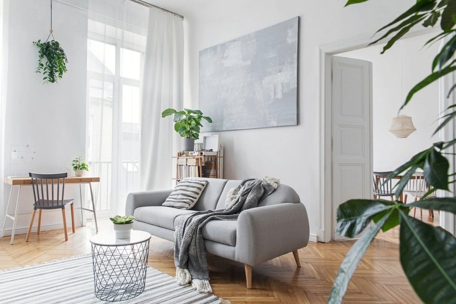 Helles Wohnzimmer mit grauem Sofa, Pflanzen und großen Fenstern.