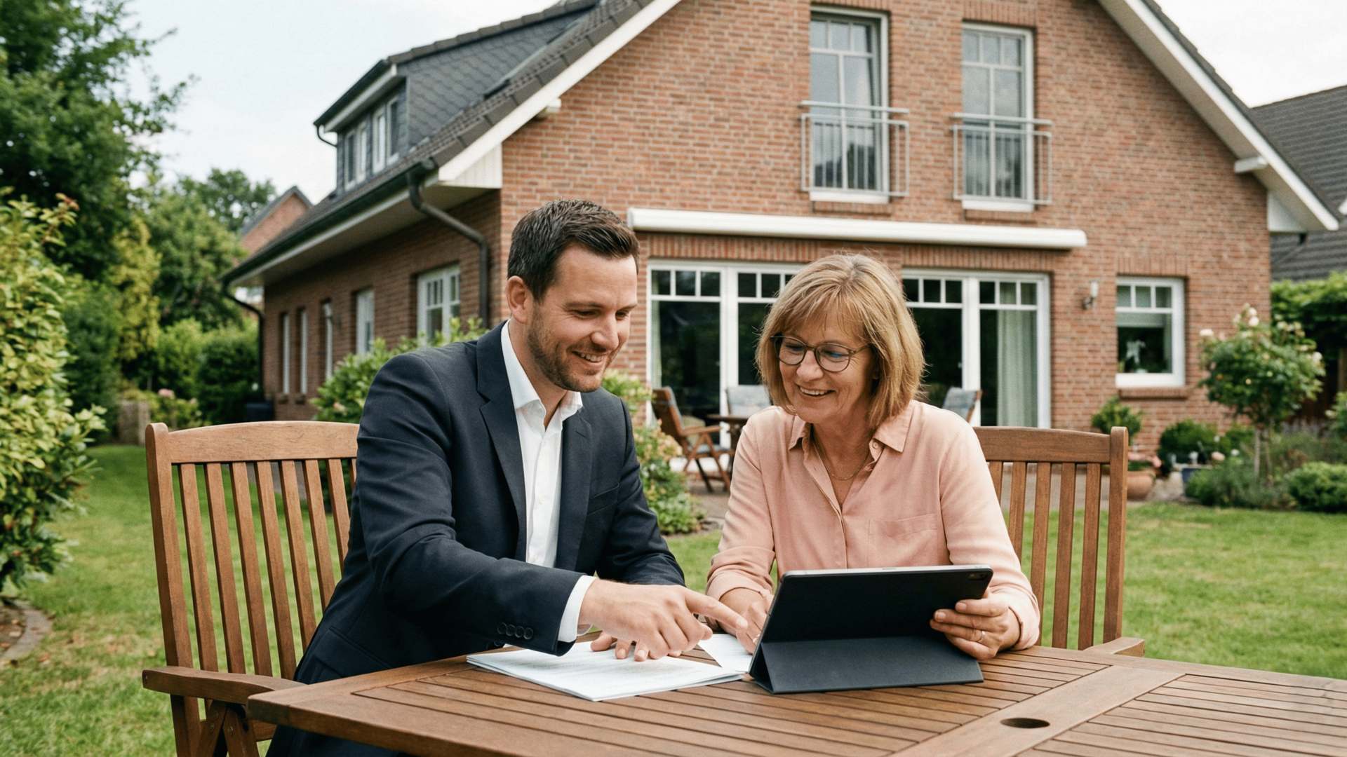 Makler bespricht mit Eigentümerin das Vorgehen beim Immobilienverkauf