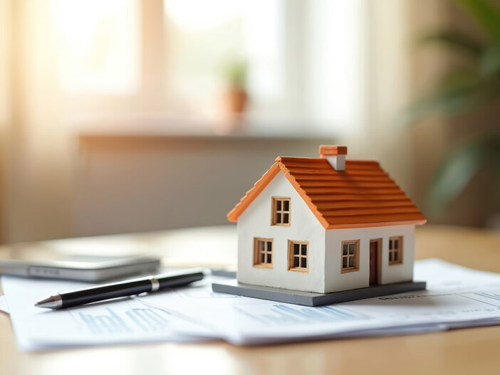Miniaturhaus und Dokumente auf Schreibtisch