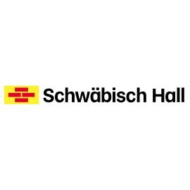 Schwäbisch Hall Logo: rote Balken, gelbes Quadrat, schwarzer Text.