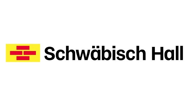 Schwäbisch Hall Logo: Rote Ziegel auf Gelb, Firmenname daneben.