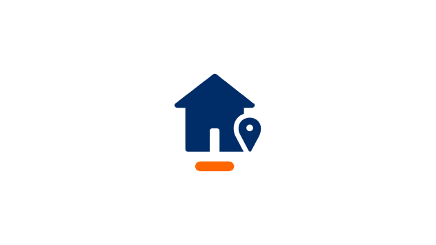 Dunkelblaues Haus mit Standort-Pin auf orangefarbenem Oval.