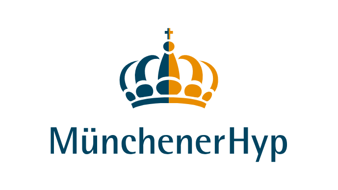 Blaue und goldene Krone über MünchenerHyp auf Weiß.