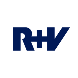 Dunkelblaue R+V-Buchstaben auf weißem Hintergrund.