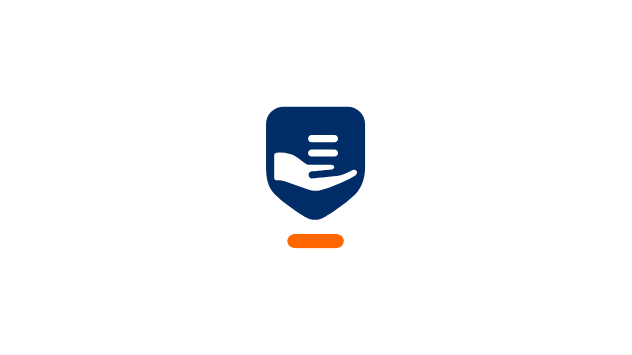Blaue Hand mit Notizblocksymbol über orangefarbenem Oval auf weißem Hintergrund.