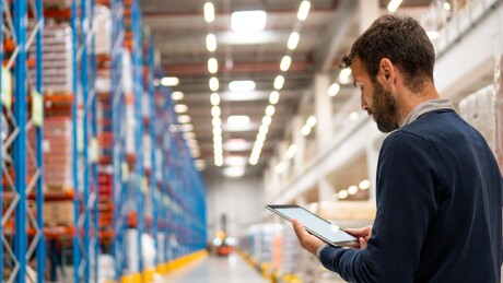 Mann mit Tablet in Lagerhalle: Gewerbeobjekt verkaufen oder vermieten