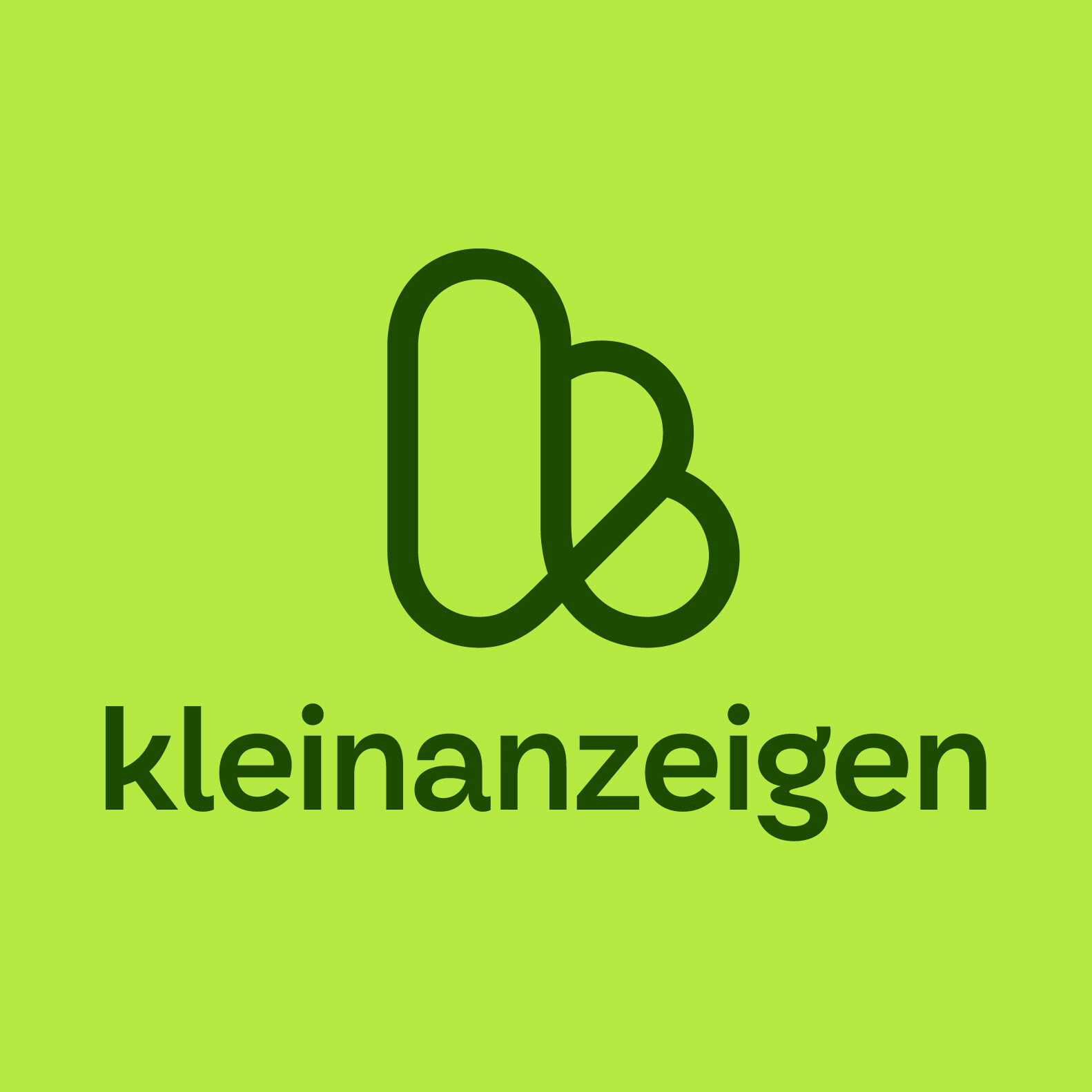 Minimalistisches grünes kb-Logo über 'kleinanzeigen' auf Limette.
