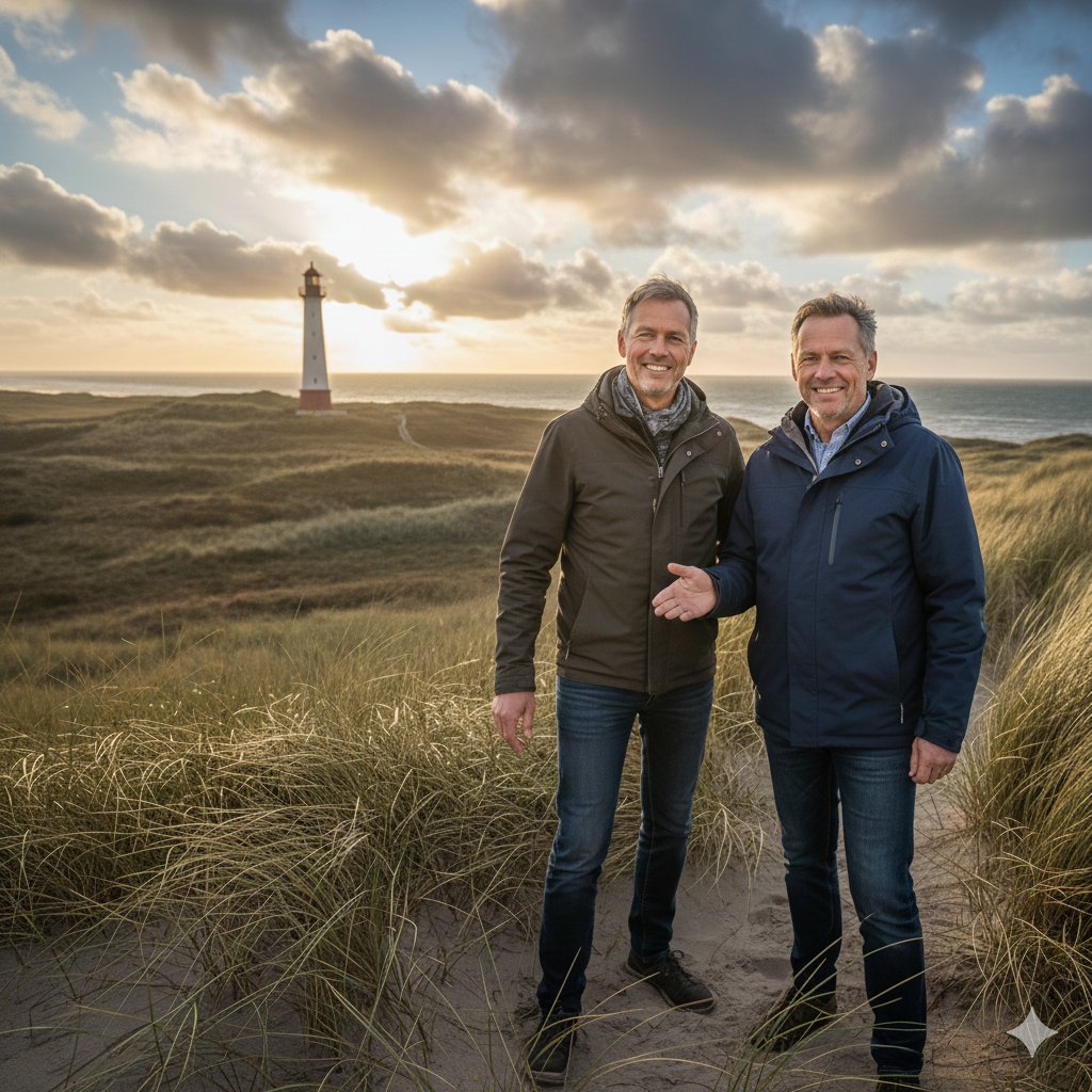 Zwei Männer lächeln auf Dünen, Leuchtturm und Meer im Hintergrund.