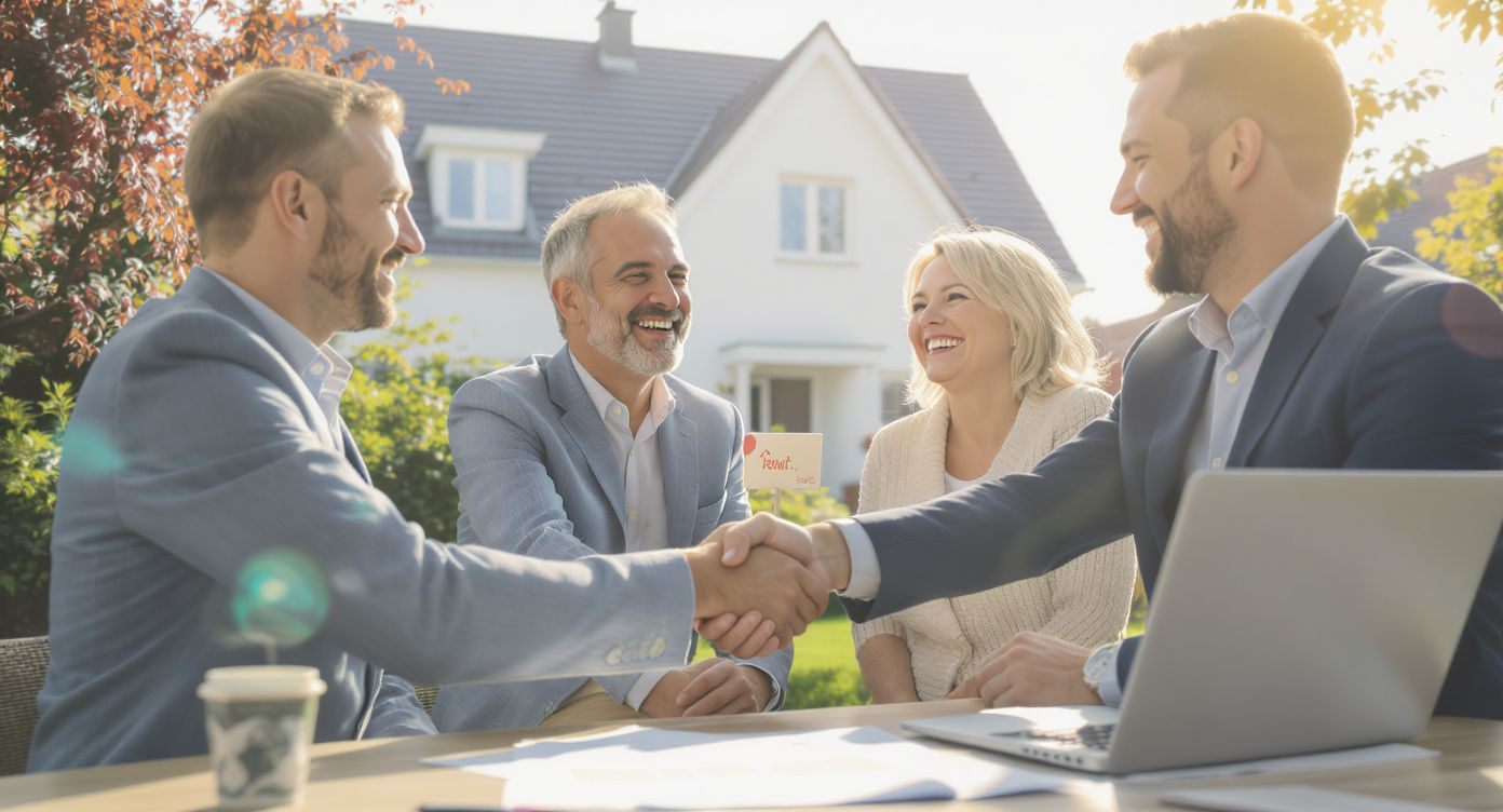 Zwei Männer geben sich draußen die Hand, zwei Leute lächeln dahinter.