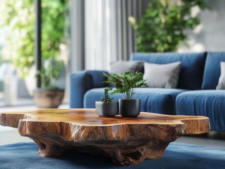 Ein Wohnzimmertisch vor einer blauen Couch