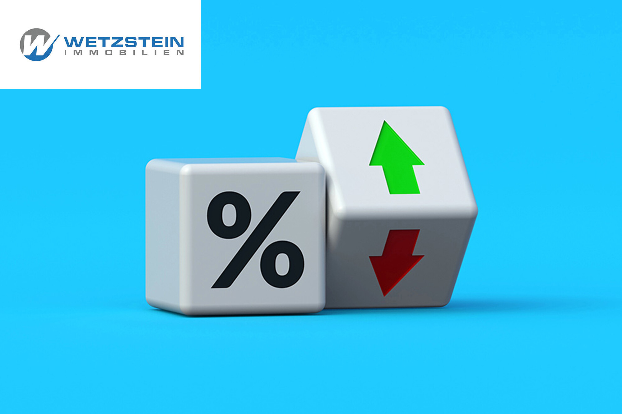 Zwei Würfel, einer mit Prozentzeichen, der andere mit grünem Pfeil nach oben und rotem Pfeil nach unten
