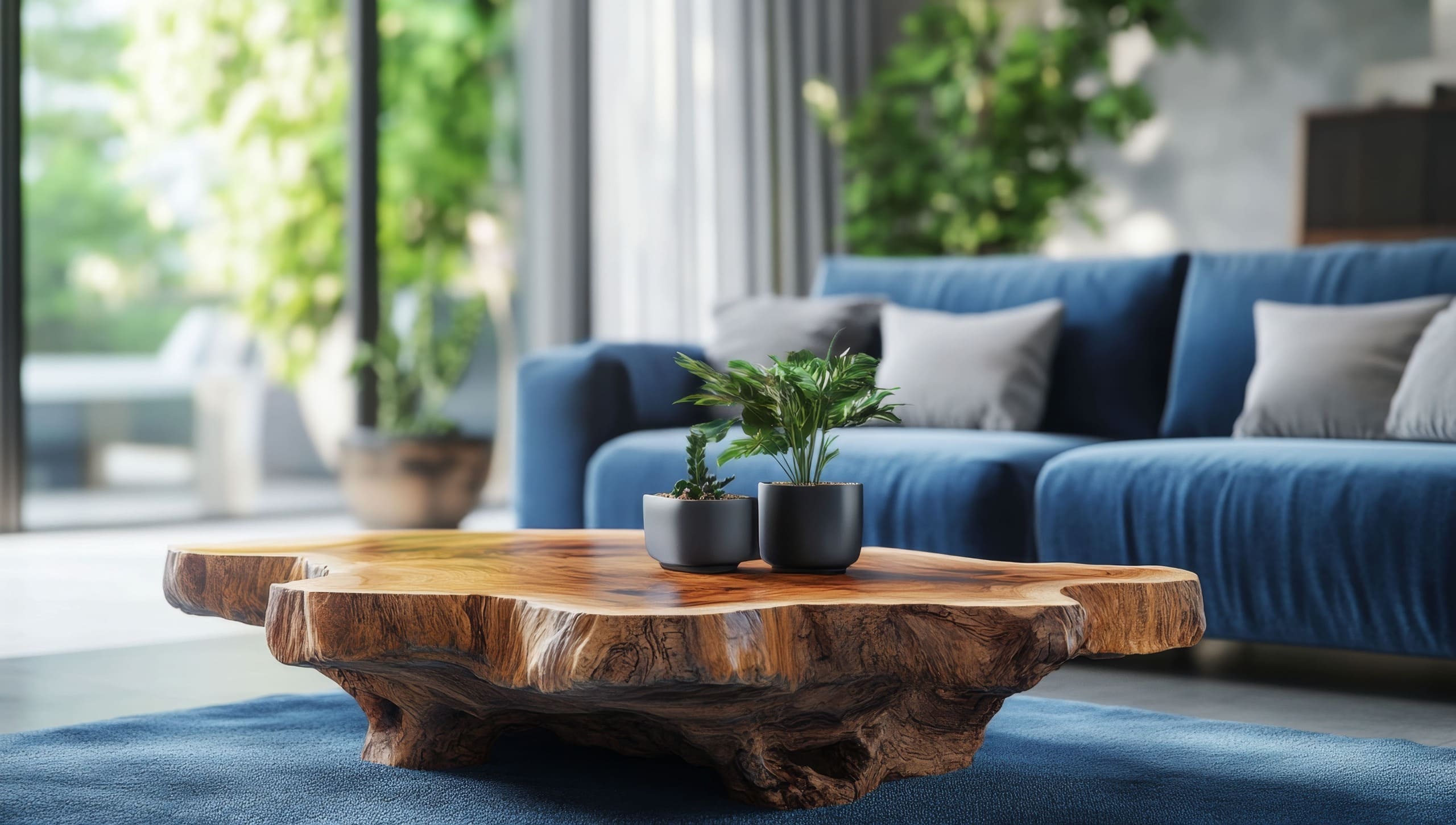 Ein Wohnzimmertisch vor einer blauen Couch
