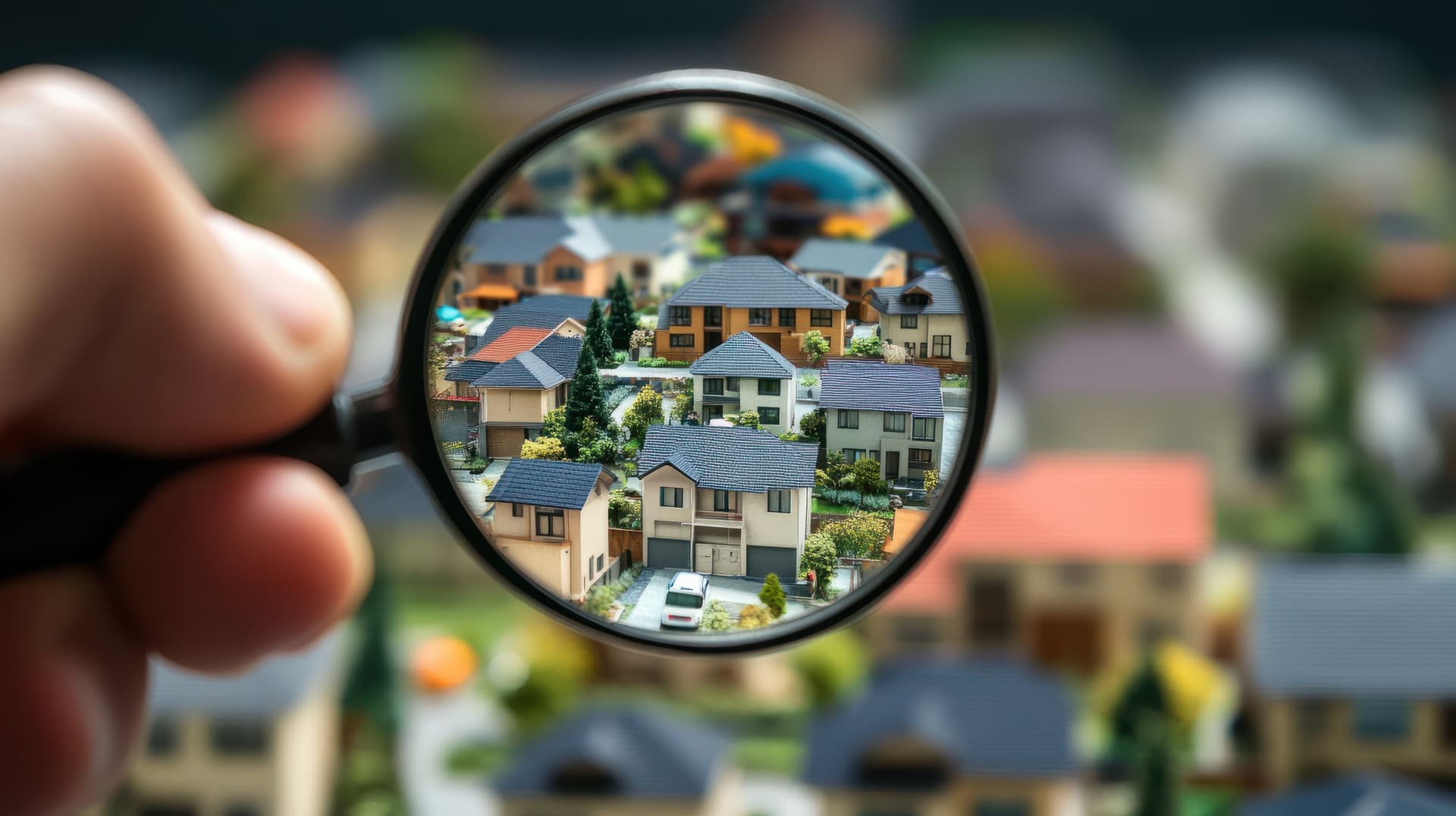 Hand hält Lupe über Miniaturhäusern. Fokus auf Immobilienbewertung.