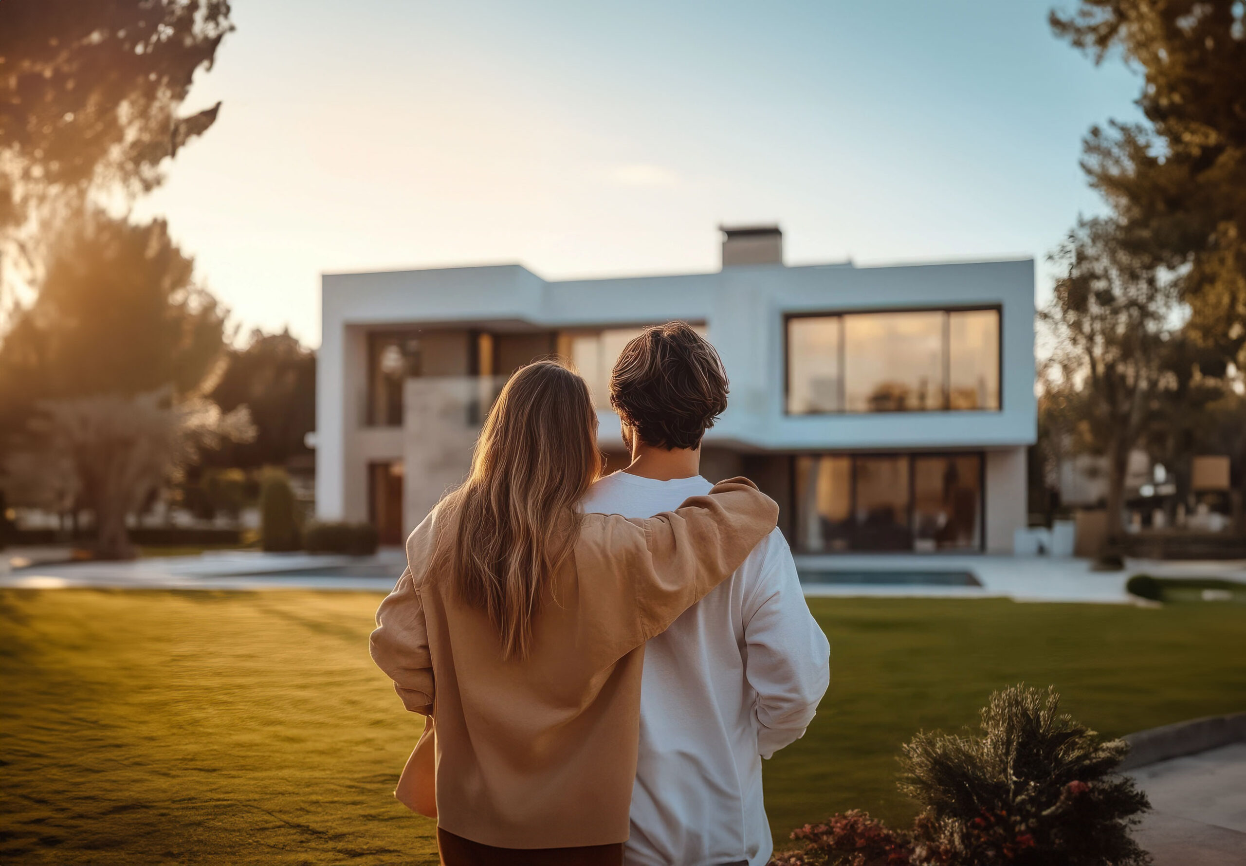 Junges Paar blickt auf modernes Haus im Sonnenuntergang.