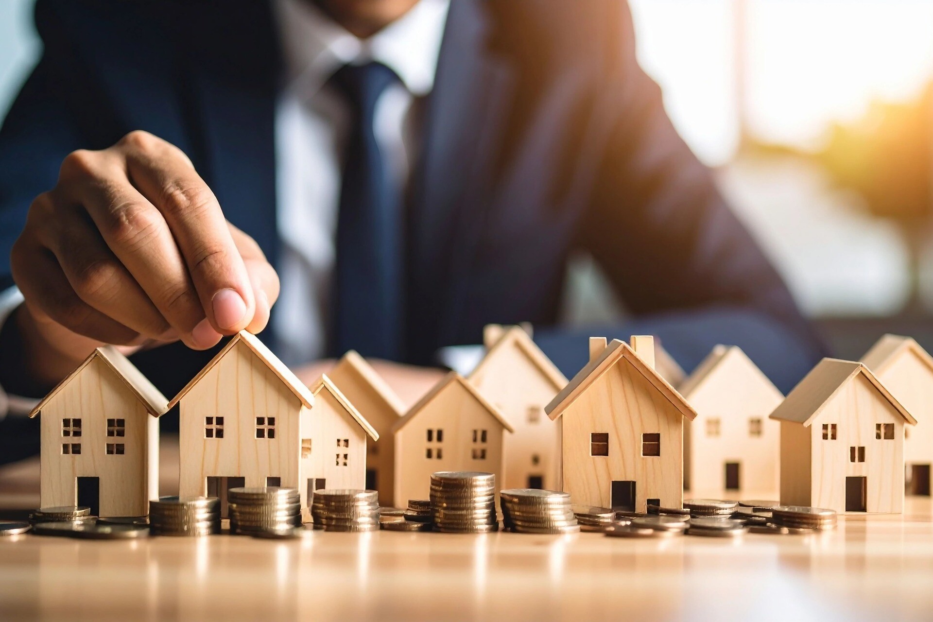 Modellhäuser und Münzen auf einem Tisch.