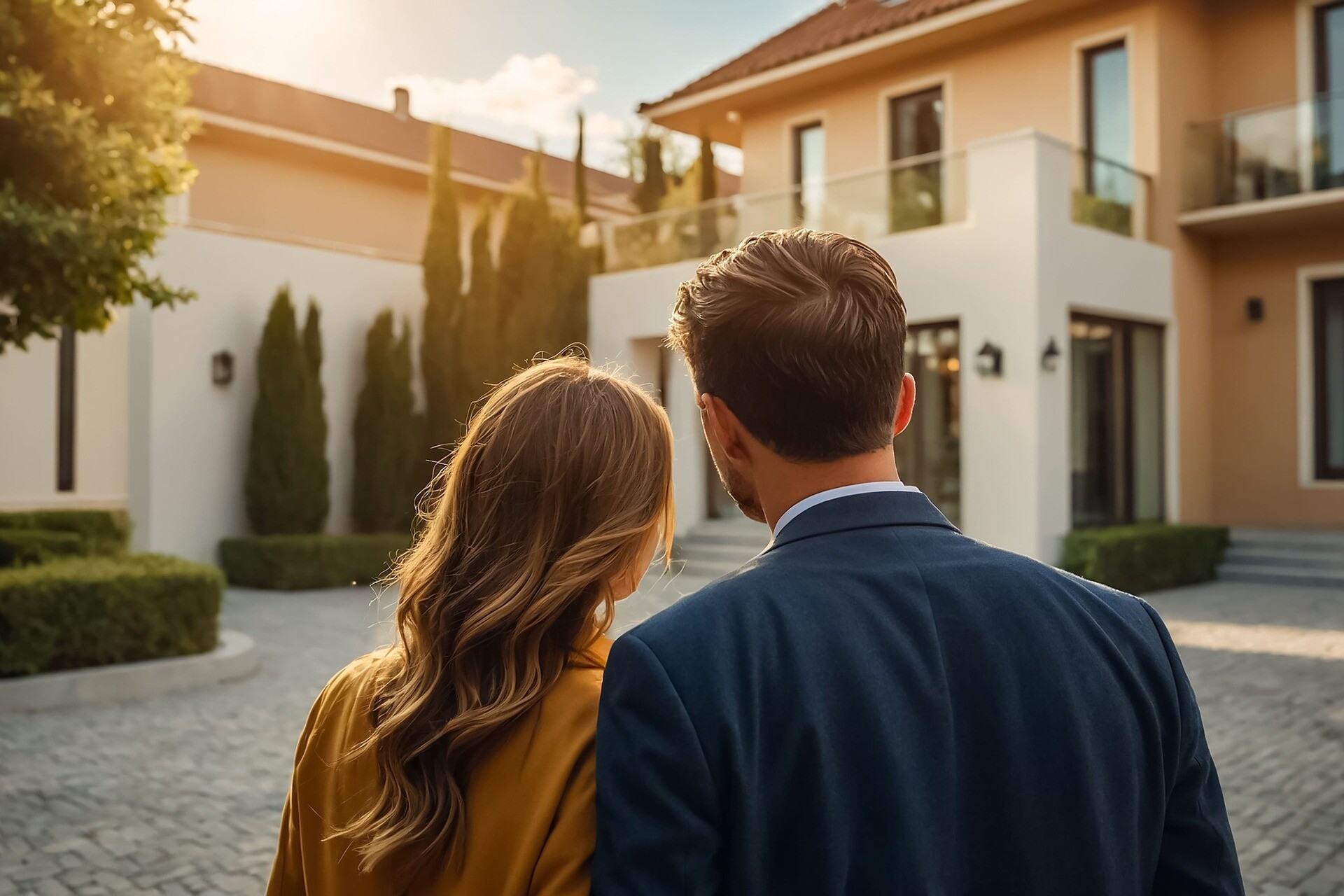 Paar steht vor neuem Haus.