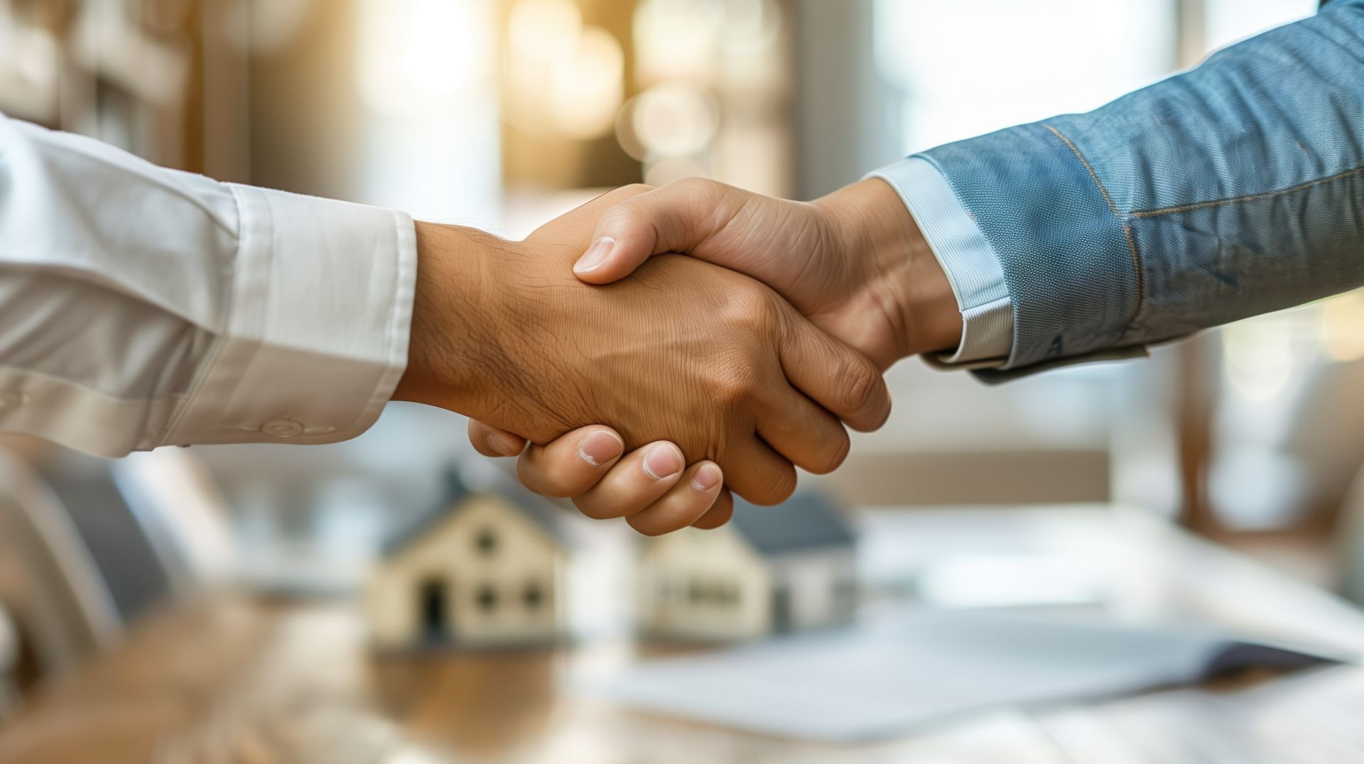 Geschäftsleute geben sich die Hand, Modelle von Häusern im Hintergrund.