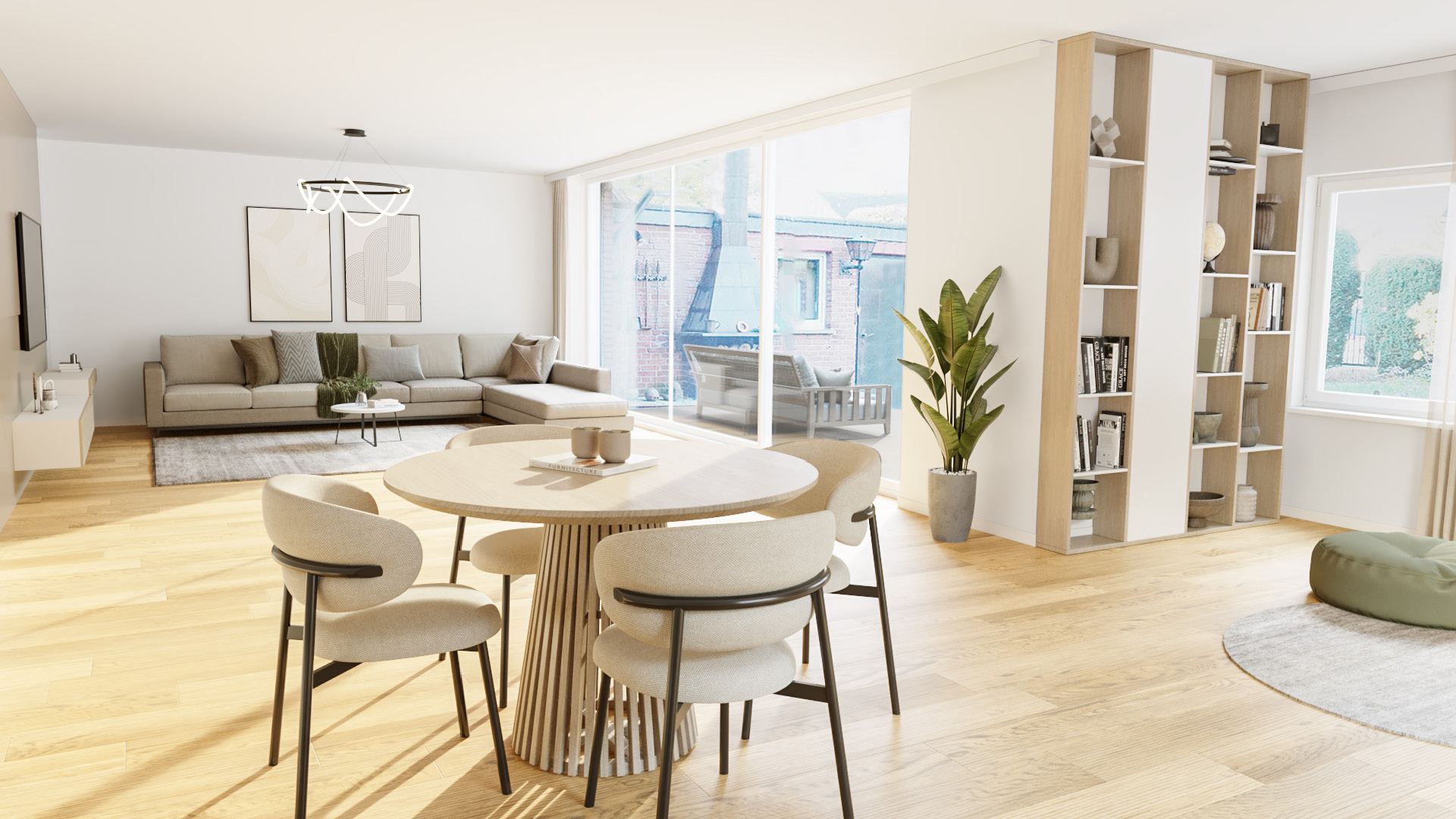 Modernes Wohnzimmer mit Panoramafenster und Essbereich