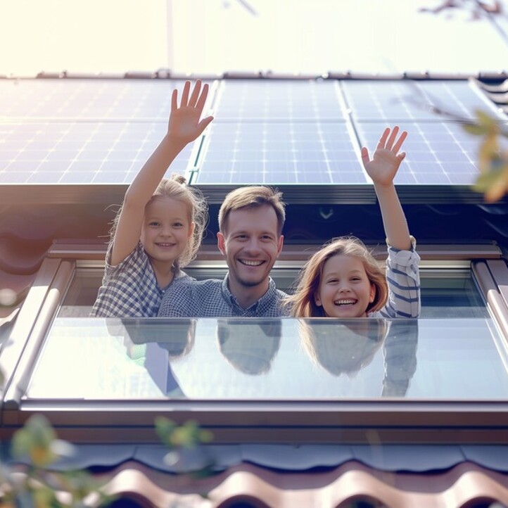 Vater mit Kindern winkt aus dem Fenster