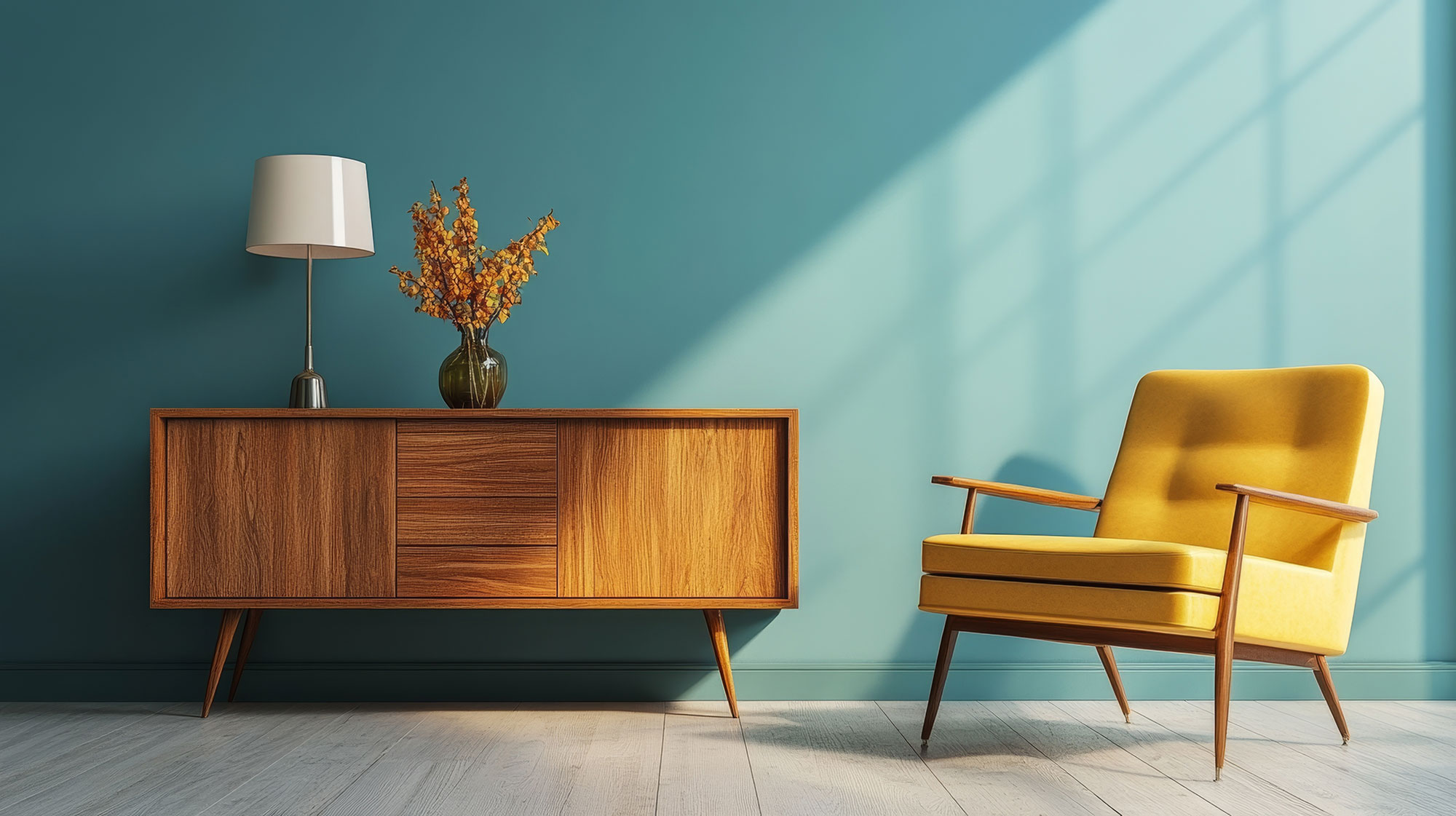 Gelber Holzsessel neben Kommode