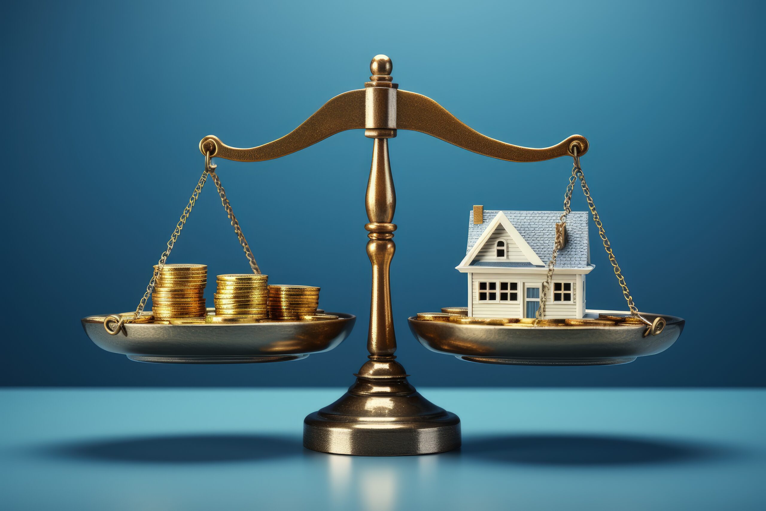 Waage mit Münzen und Hausmodell