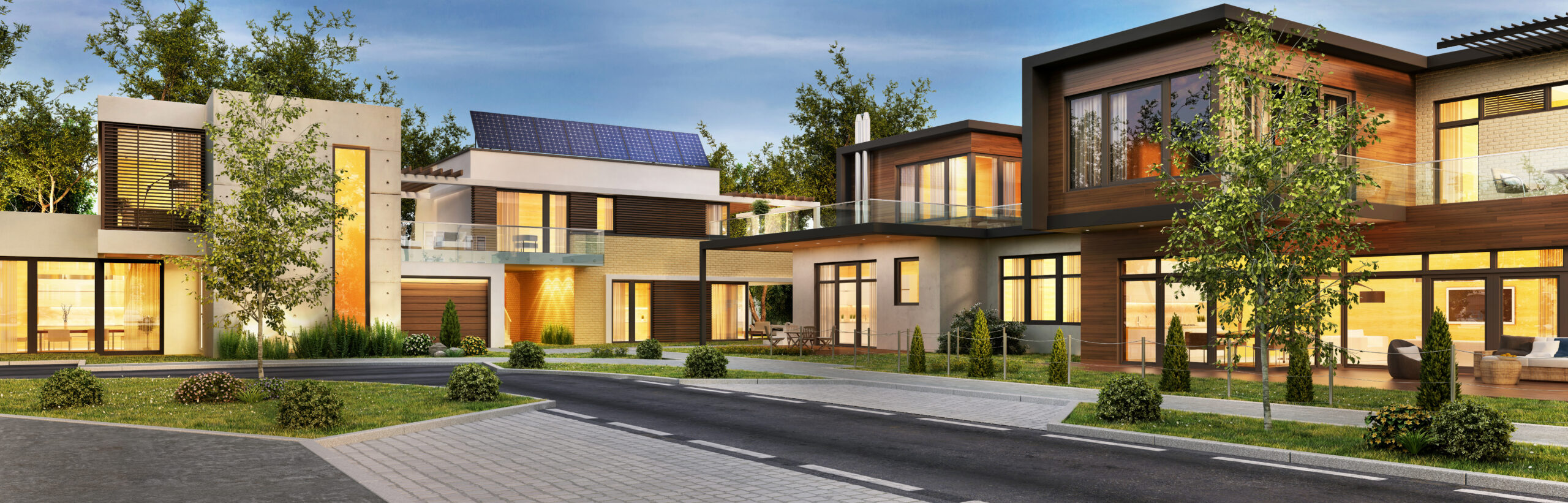 Moderne Häuser mit großen Fenstern