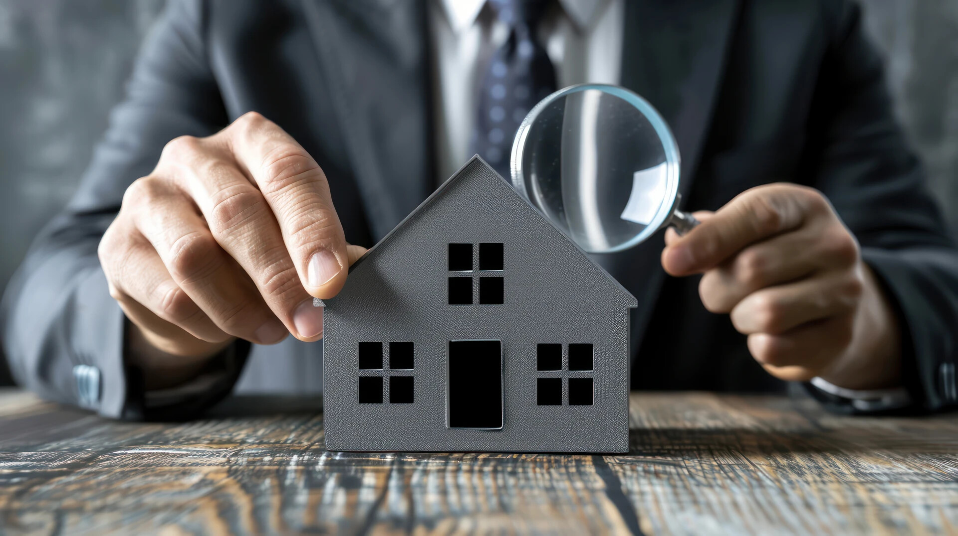 Person im Anzug betrachtet Modellhaus mit Lupe am Holztisch.