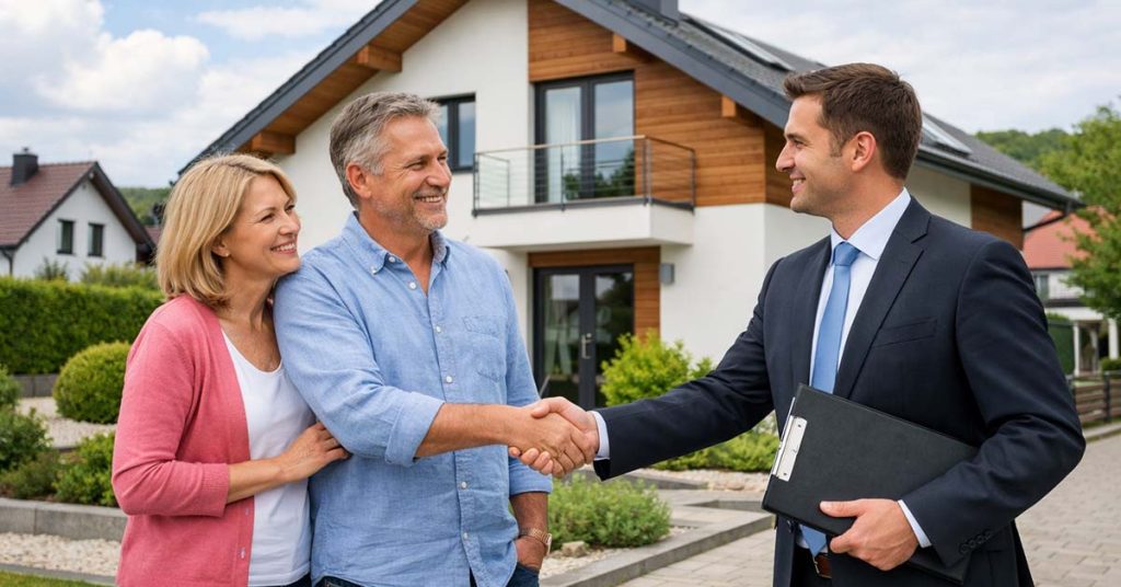 Paar gibt Immobilienmakler vor modernem Haus die Hand.