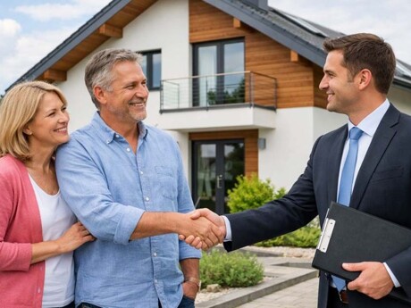 Paar gibt Immobilienmakler vor modernem Haus die Hand.