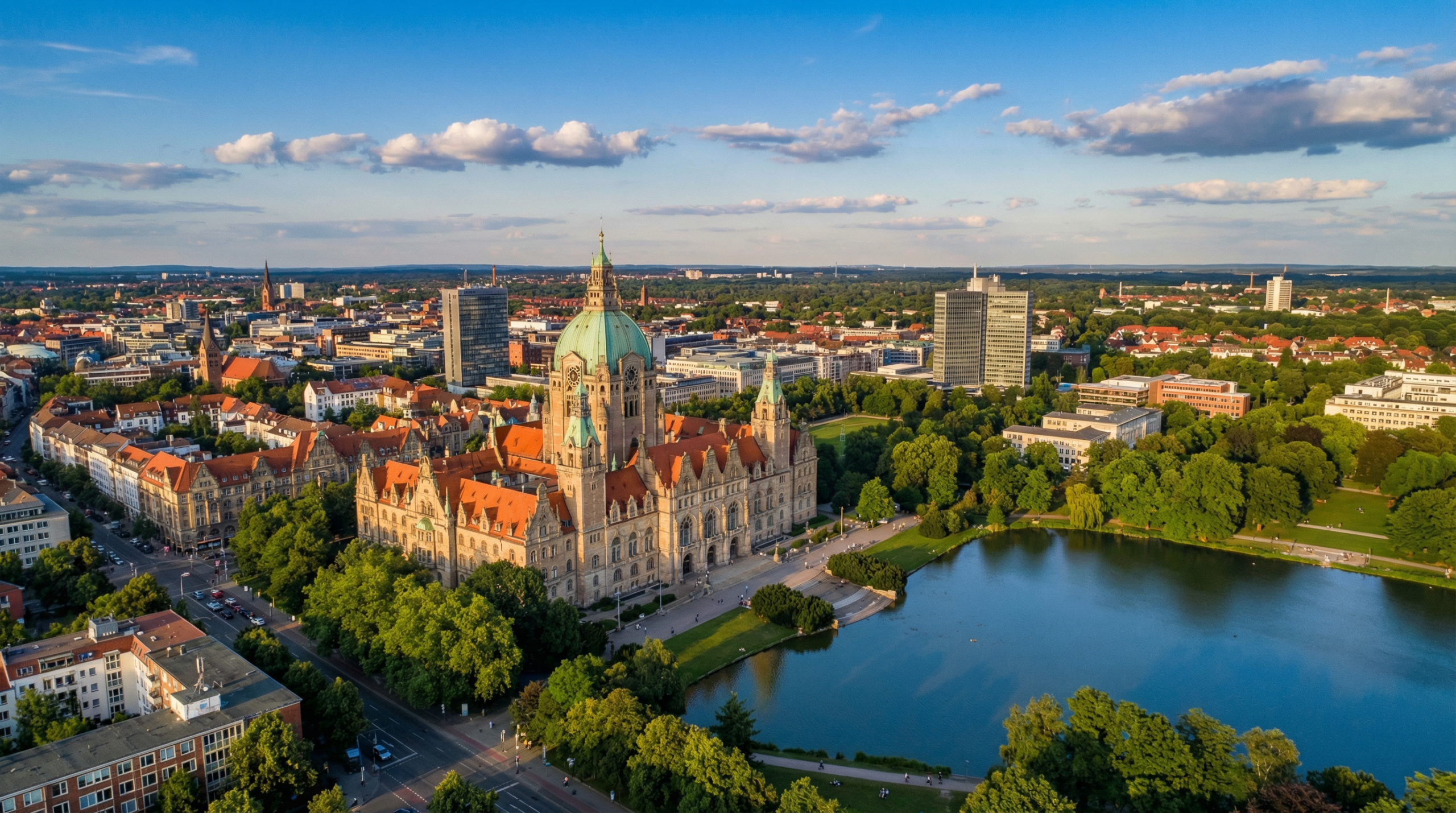 Historisches Gebäude am Teich, von Bäumen und Stadt umgeben.