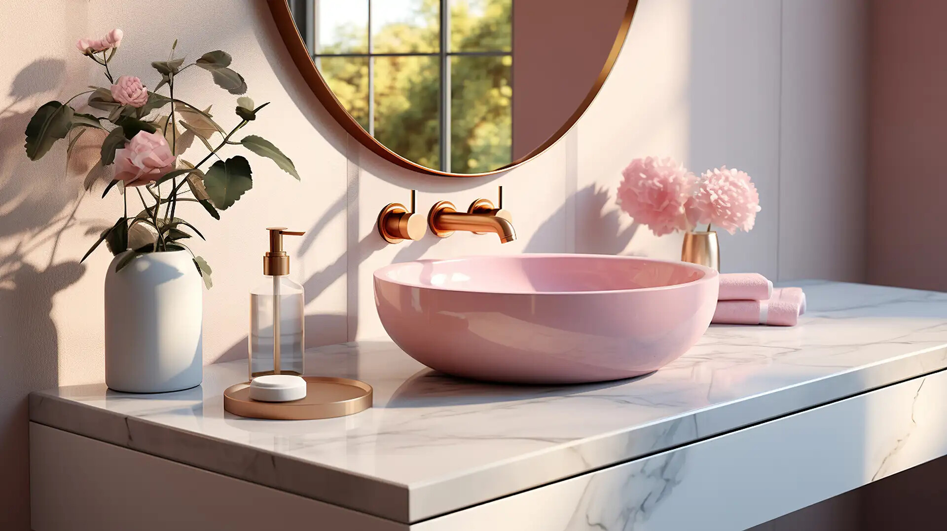 Rosa Waschbecken, goldener Wasserhahn, Blumen, Seifenspender, runder Spiegel.