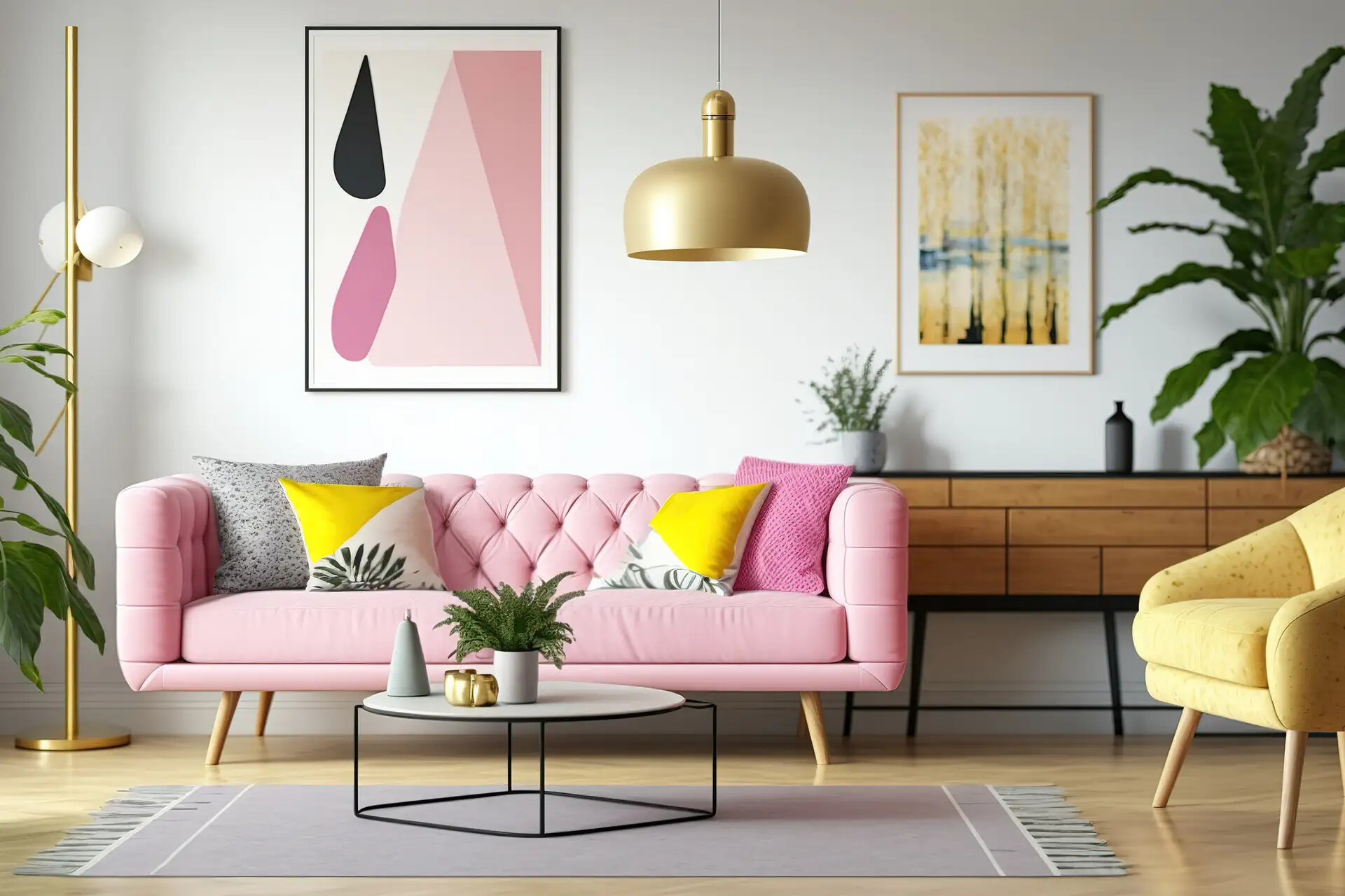 Helles Wohnzimmer mit rosa Sofa, bunten Kissen und Pflanzen.