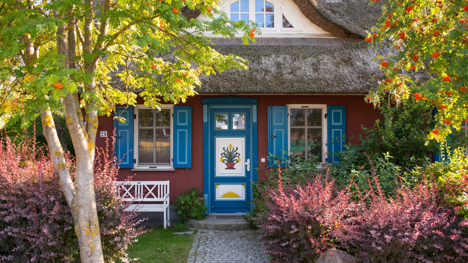 Häuschen mit blauen Fensterläden, dekorativer Tür und Grünpflanzen.