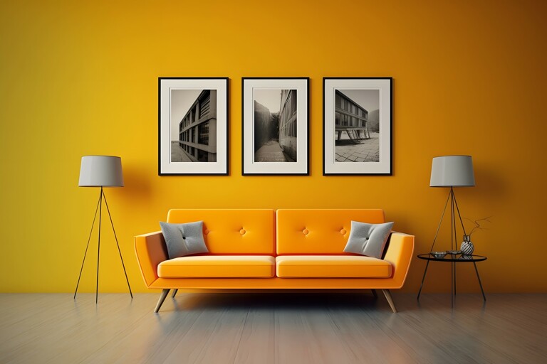 Eine orange Couch vor oranger Wand