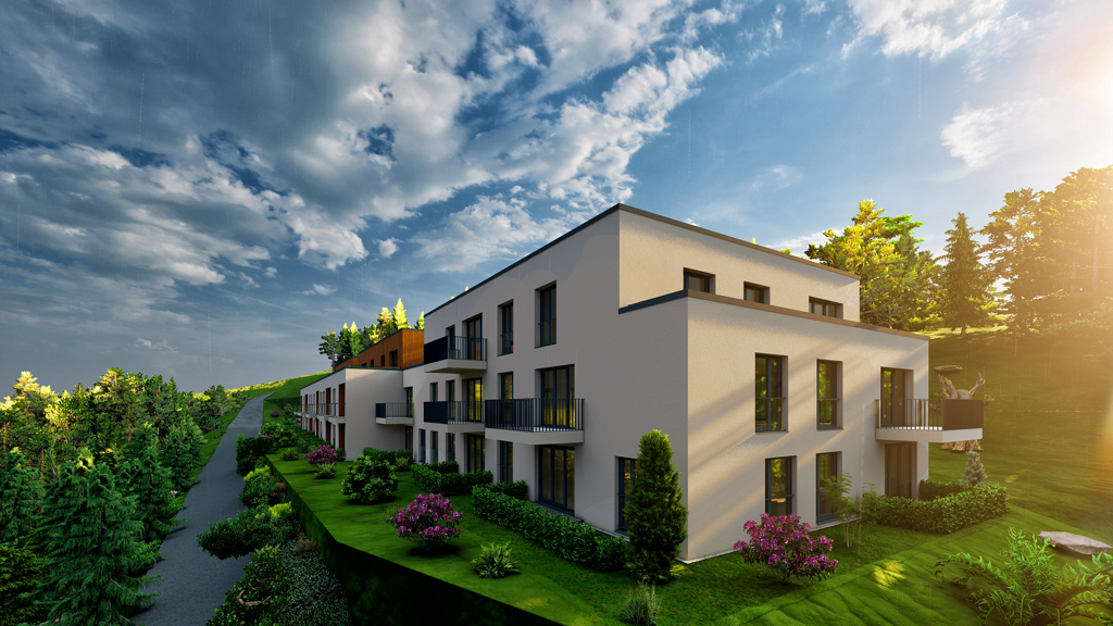 3D-Visualisierung eines Neubaus mit Balkonen