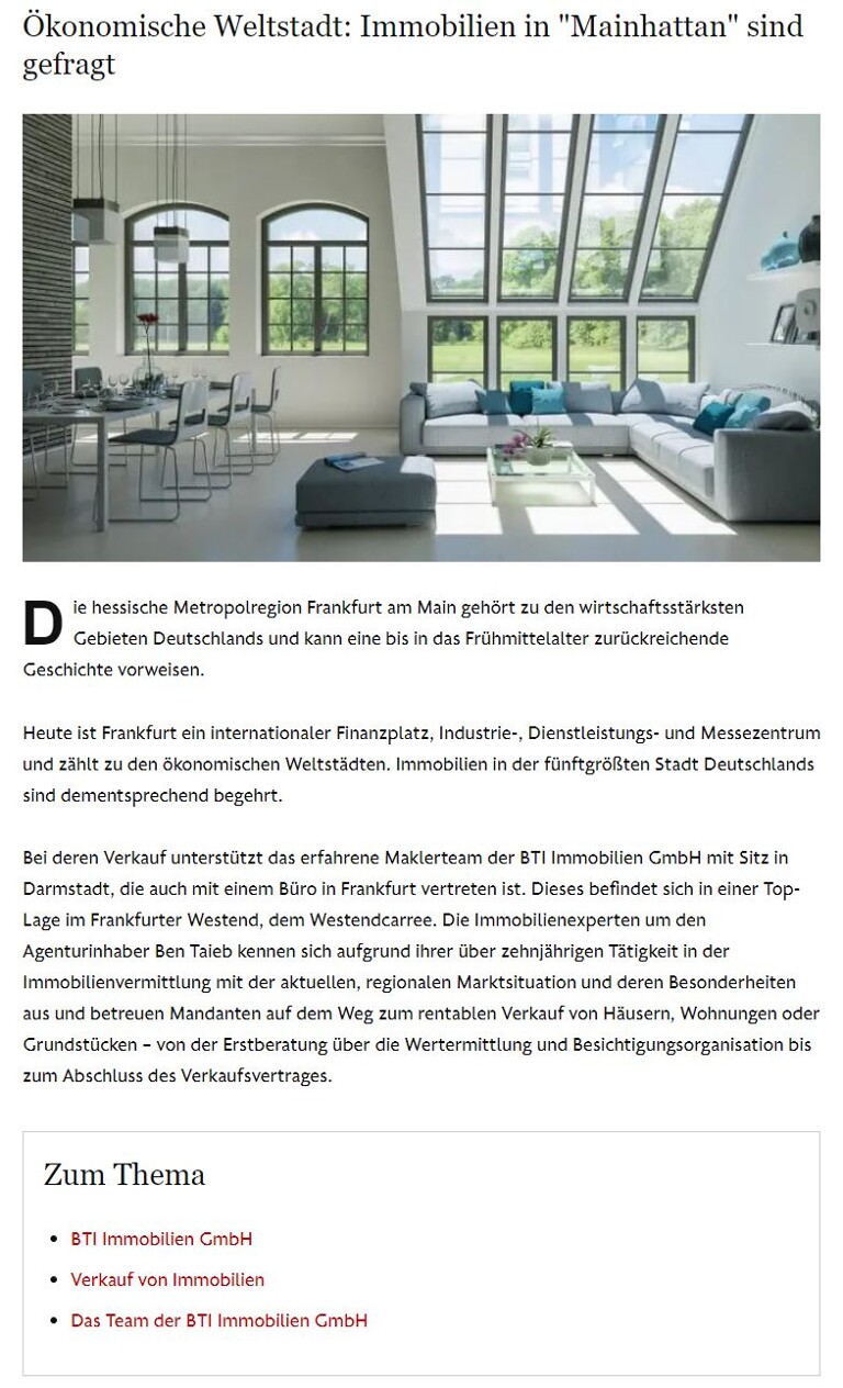 Zeitungsartikel über die BTI Immobilien GmbH in der FAZ