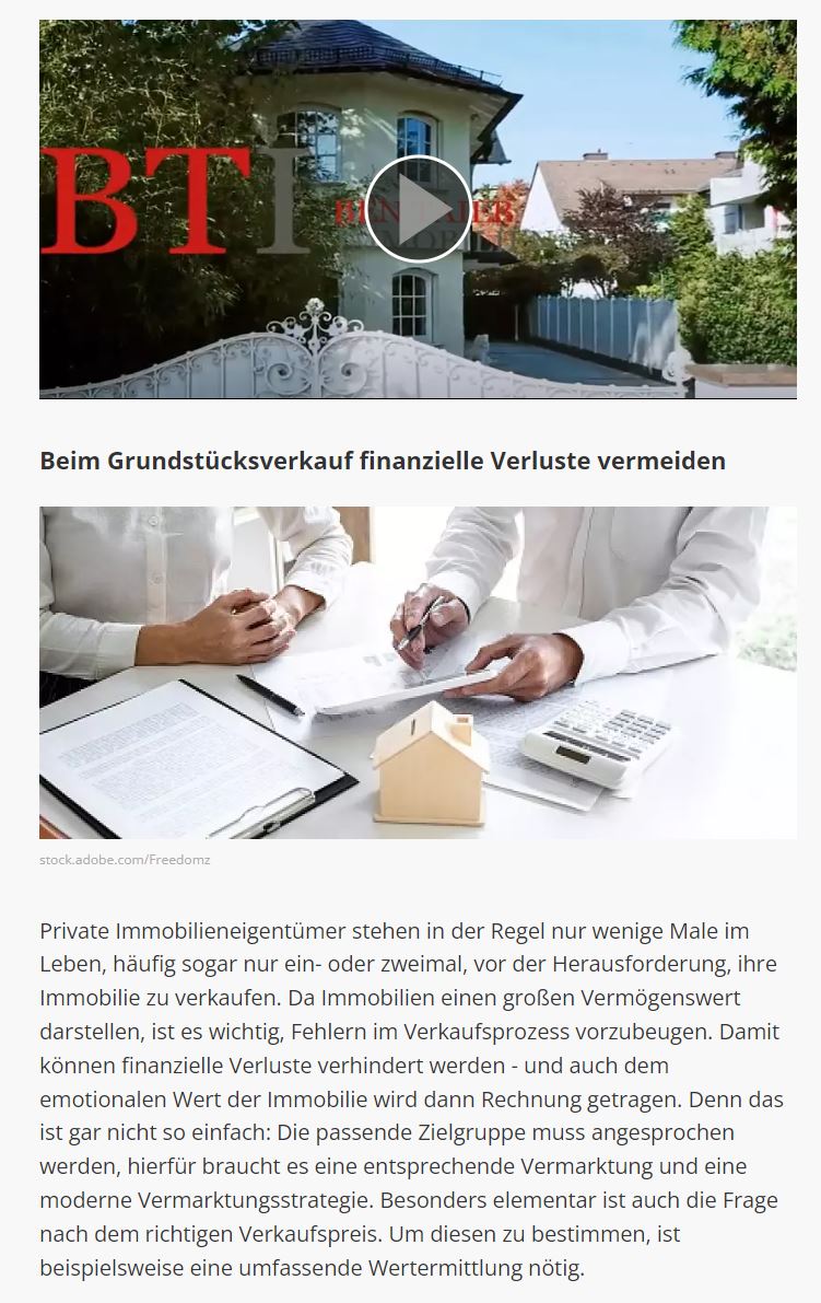 Zeitungsartikel über die BTI Immobilien GmbH in Focus Money