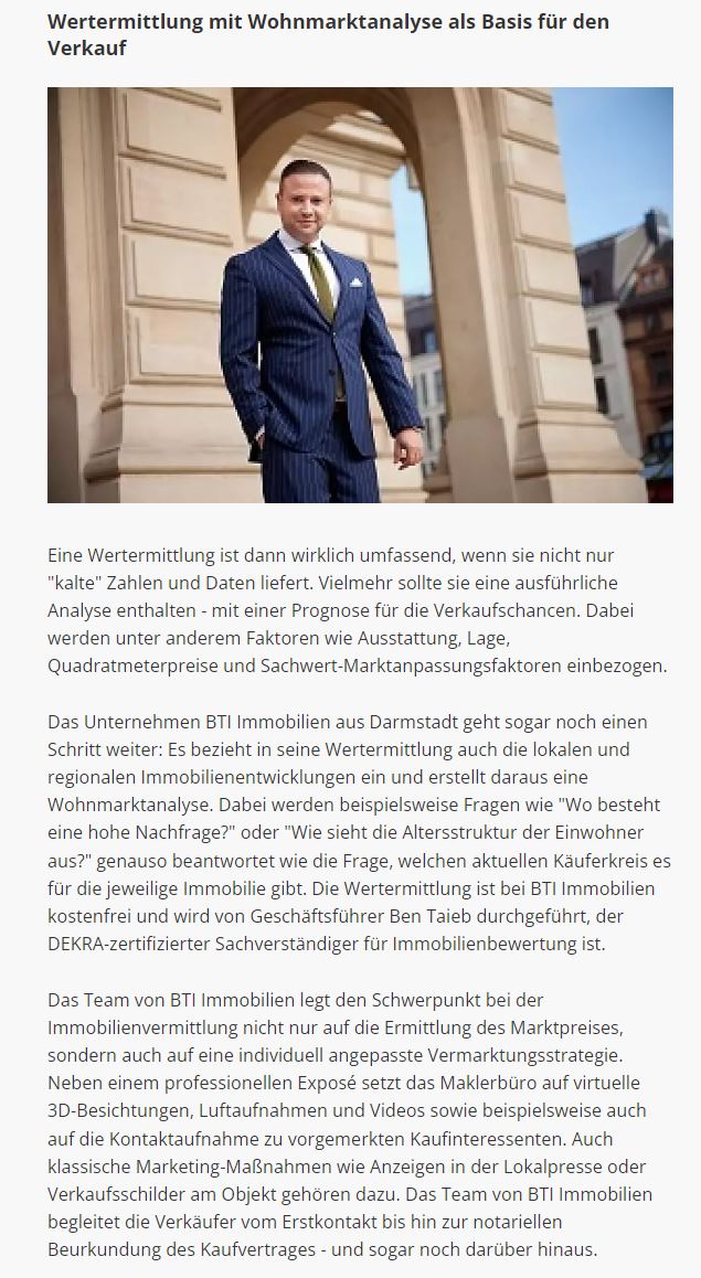 Zeitungsartikel über die BTI Immobilien GmbH in Focus Money