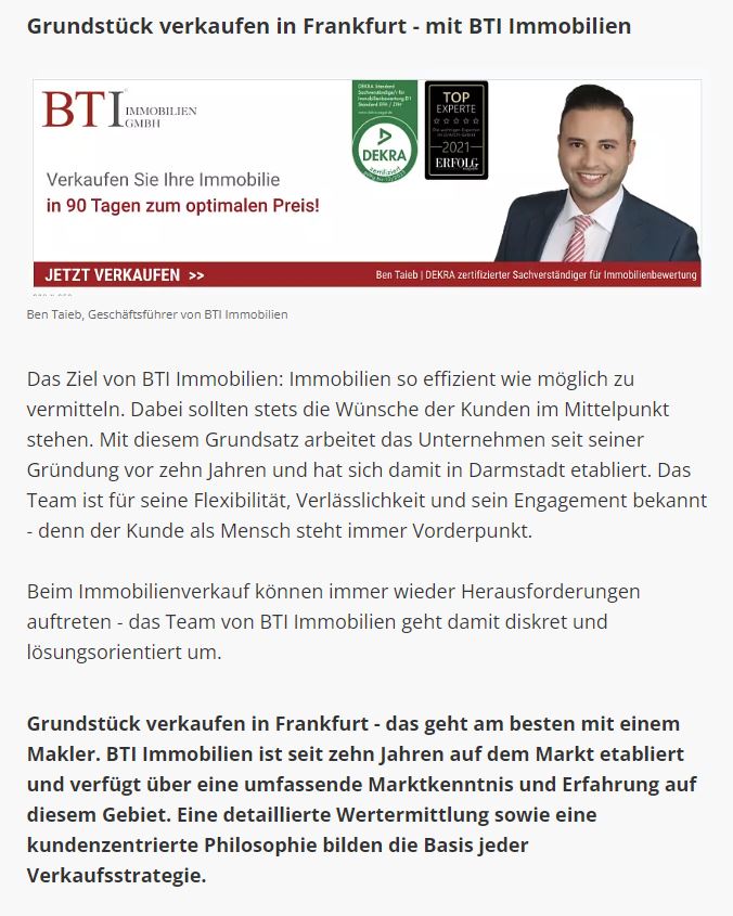 Zeitungsartikel über die BTI Immobilien GmbH in Focus Money